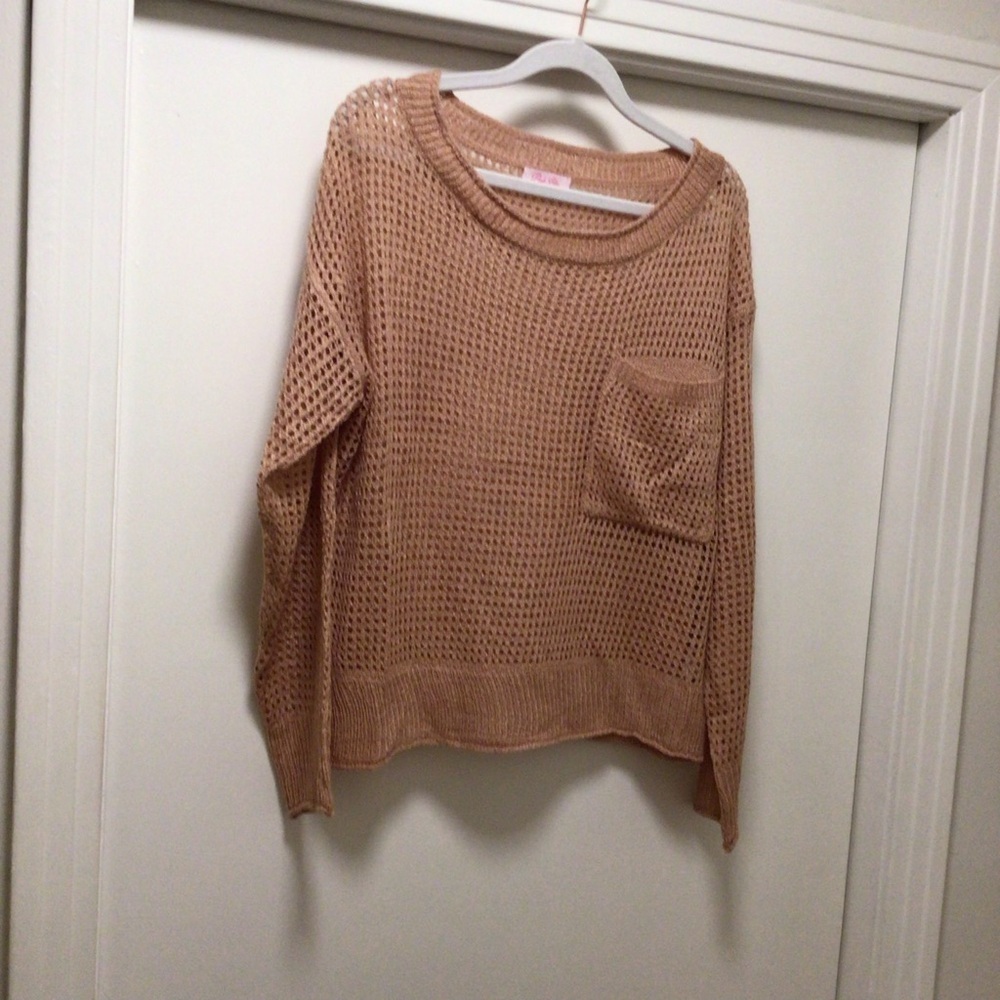 Womens Pink Lily Terracotta Pocketed Open Knit Sweater